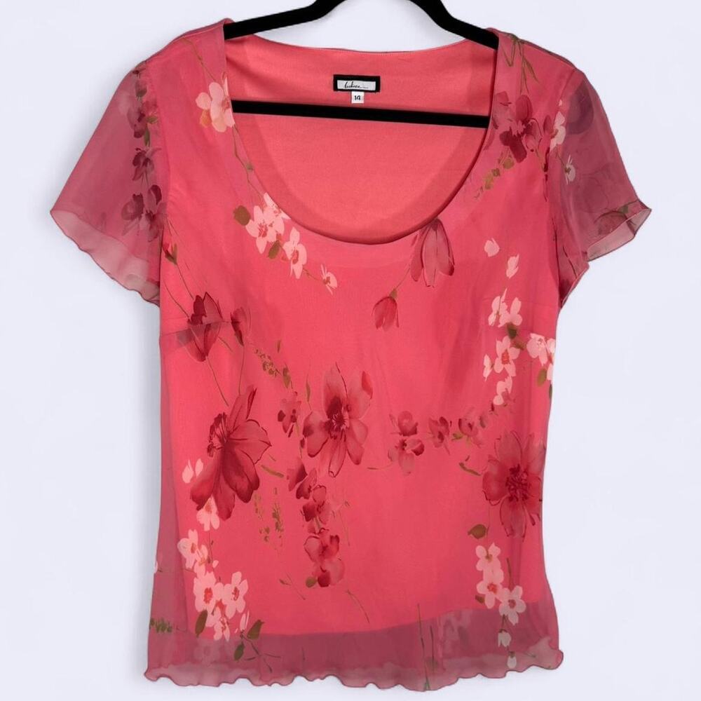 Y2K Blouse Sheer Floral Mesh – Size 14 - Romantic Fairycore Top Lettuce Hem Pink